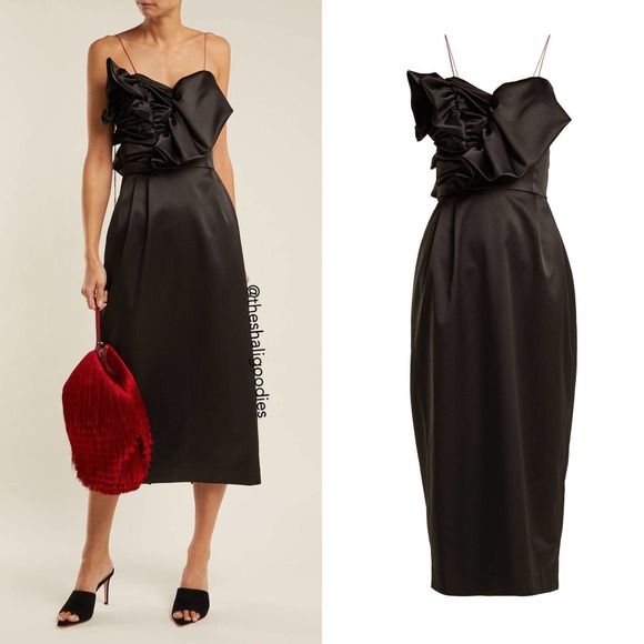 ANNA OCTOBER Ruffled Satin Midi Dress Black - Picture 2 of 8